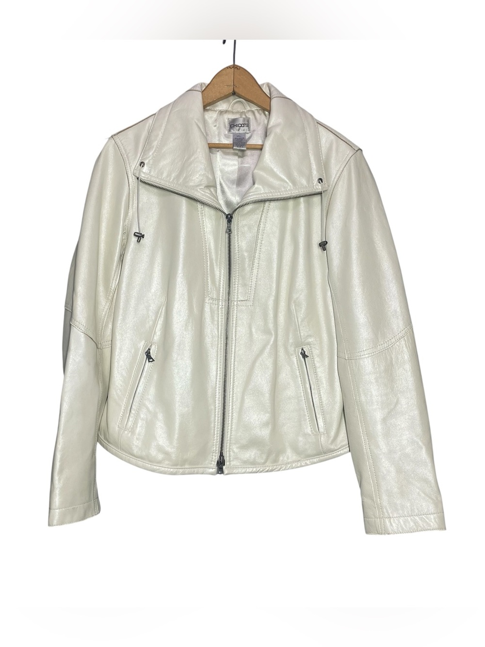 Chico’s Pearl White Leather Moto Jacket Size 1 8 10 M Coat Full Zip Lined